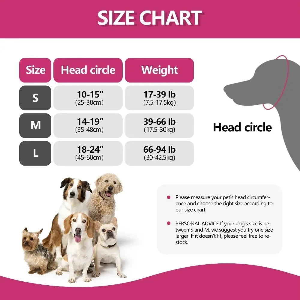 Ear wrap size chart: S, M and L by head circumference and weight